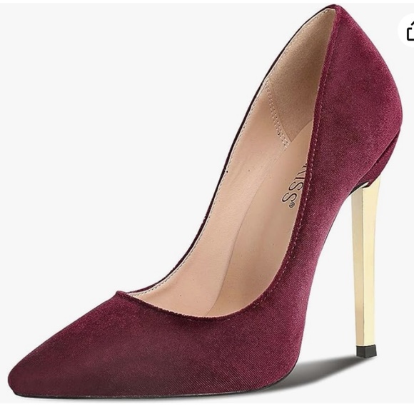 ONLY WORN ONCE! Burgundy & Gold Wet Kiss Heels - Picture 1 of 8